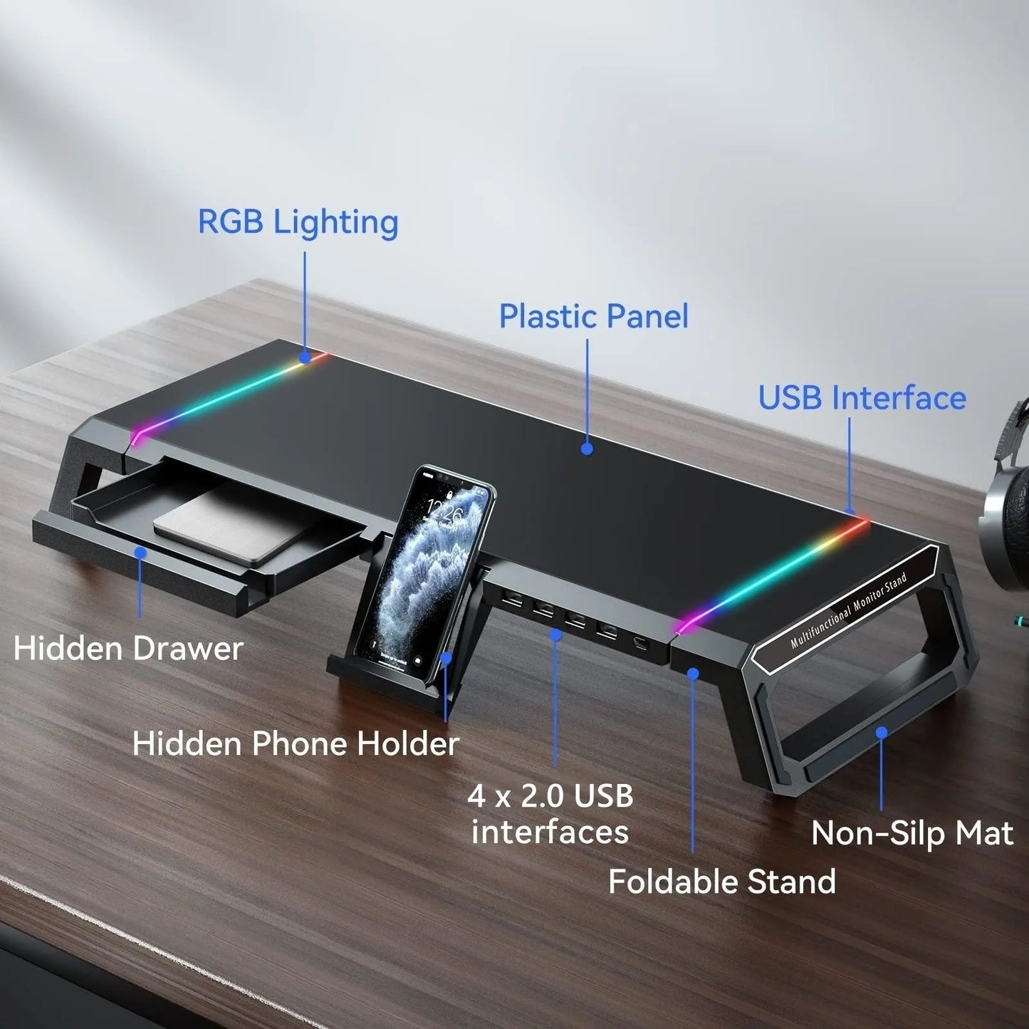 RGB Gaming Computer Monitor Stand 4 USB2.0 Port Keyboard Mouse Storage Shelf Screen Rack with Drawer Monitor Shelf