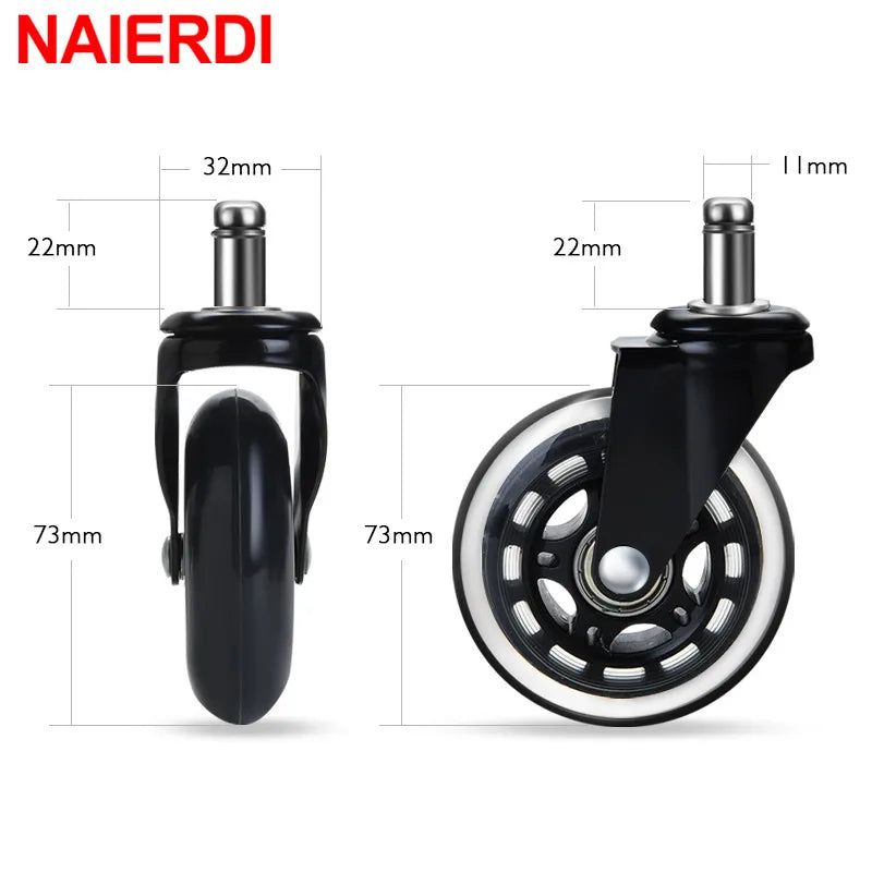 5PCS Office Chair Caster Wheels 3 Inch Swivel Rubber Caster Wheels Replacement Soft Safe Rollers Furniture Hardware | 600lbs