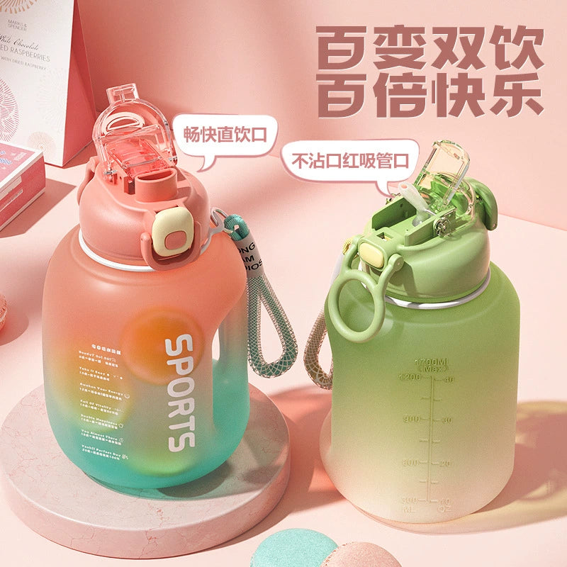 Summer Large-Capacity Water Cup Girls Good-looking with Scale Plastic Ton Cup with Straw Portable Big Belly Cup