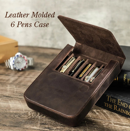 Handcrafted Leather Pen/Pencil Organizer Tray - Vintage-Inspired, Magnetic Closure & Drawer, 6-Slot Holder - Ideal Gift for Office or Home, Rich Matte Finish