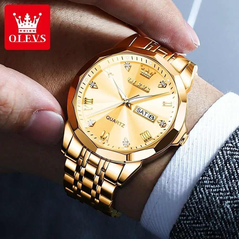 Elevate your style with the OLEVS Men's Diamond Business Dress Watch, boasting analog quartz movement, stainless steel construction, luminous hands, and a luxurious two-tone design perfect for any occasion.