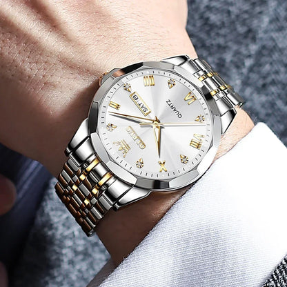 Elevate your style with the OLEVS Men's Diamond Business Dress Watch, boasting analog quartz movement, stainless steel construction, luminous hands, and a luxurious two-tone design perfect for any occasion.