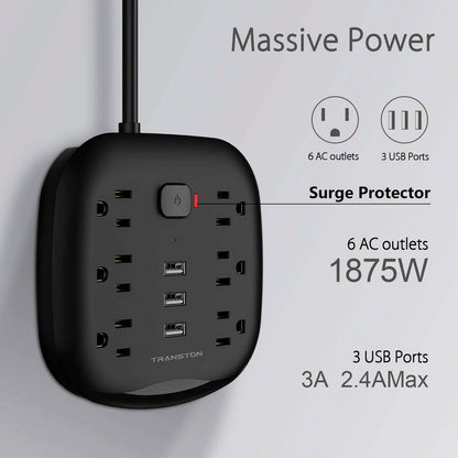 Power Strip Surge Protector 6 Outlet 3 USB with Switch Control & Flat Plug Fireproof Heavy Duty Extension Cord Compact