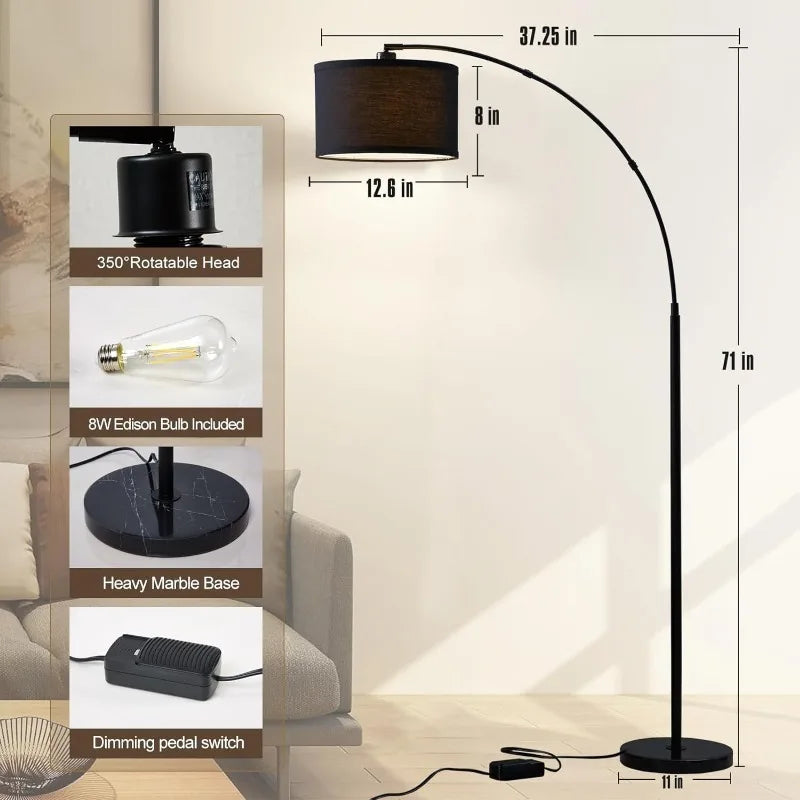 Arched floor lamps, Dimmable Floor Lamp with Adjustable Head, Black Finish Modern Floor Lamp,Over Couch Tall Standing Hanging Light