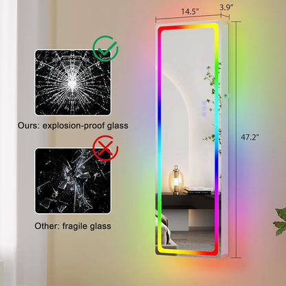 LED Mirror Jewelry Cabinet with RGB Lights,47.2" Wall Mounted Jewelry Organizer with Full-Length Mirror