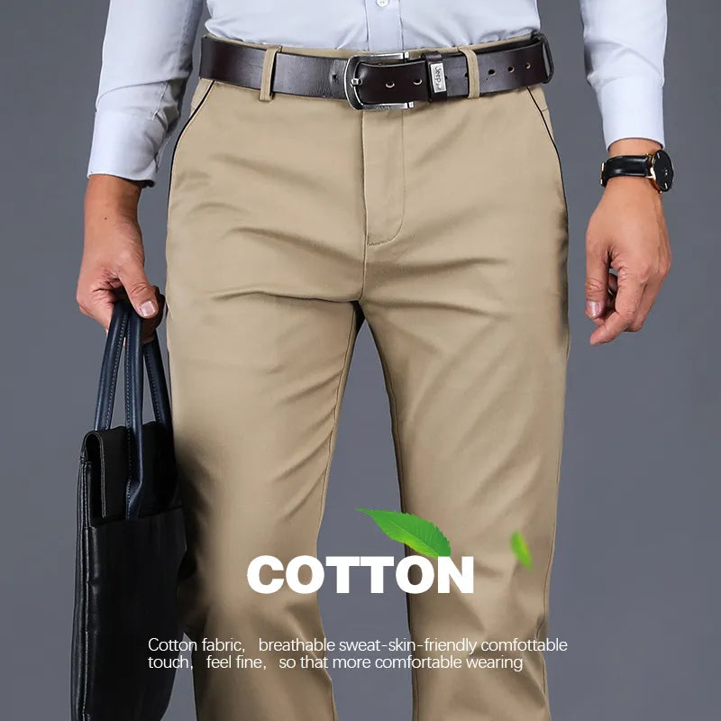 98% Cotton Casual Pants Men New Classic Style Straight Loose High Waist Elastic Trousers Male Brand Clothes