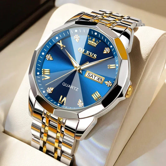 Elevate your style with the OLEVS Men's Diamond Business Dress Watch, boasting analog quartz movement, stainless steel construction, luminous hands, and a luxurious two-tone design perfect for any occasion.