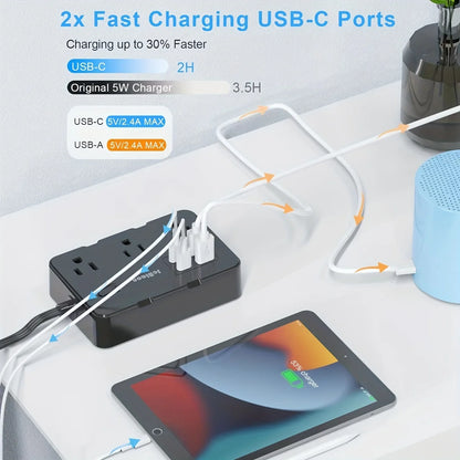 Ultra Thin Flat Plug Extension Cord with 4 USB Ports(2 USB C), 5ft Surge Protector Power Strip, 6 Widely Outlets Extender