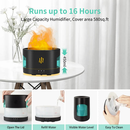 450ml Flame Humidifier Aromatherapy Diffuser RGB Ultrasonic Aromatic Essences House Air Humidifier Bedoom with Bluetooth Audio