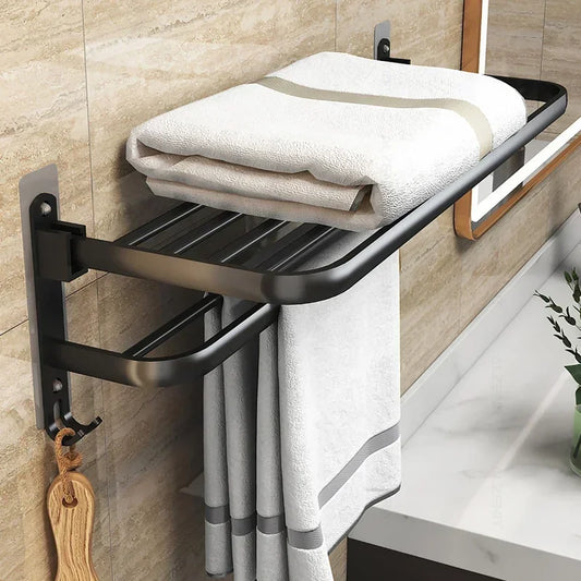 40/50/60CM Double Layer Towel Rack Black Non Drilling Movable Wall Mounted Bracket Aluminum Shower Rack Bathroom Accessories