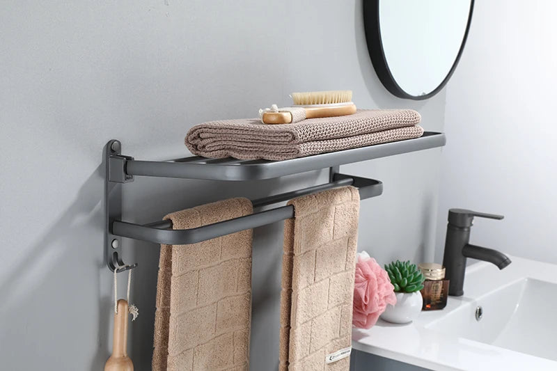 Towel Rack 40CM Folding Holder With Hook Bathroom Accessories Wall Mount Rail Shower Hanger Aluminum Bar Matte Black Shelf