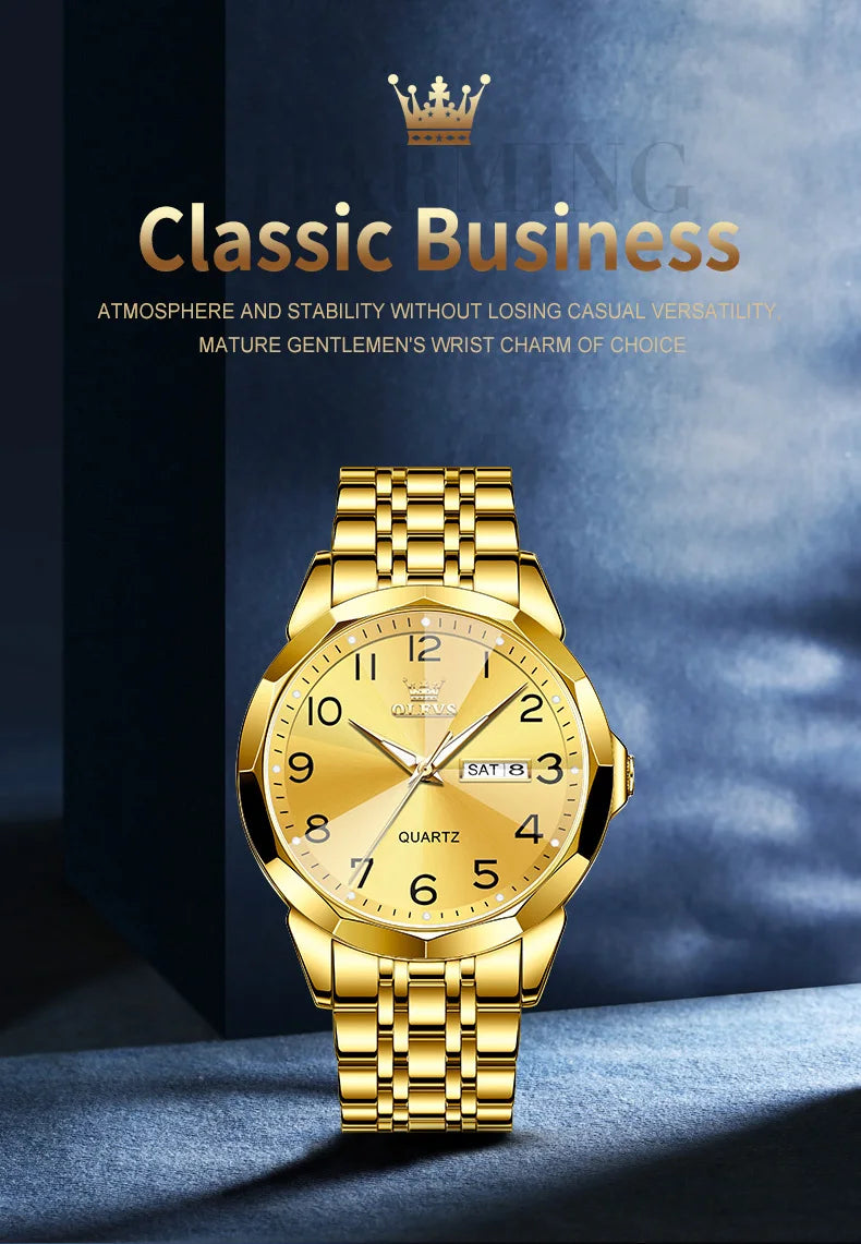 Elevate your style with the OLEVS Men's Diamond Business Dress Watch, boasting analog quartz movement, stainless steel construction, luminous hands, and a luxurious two-tone design perfect for any occasion.