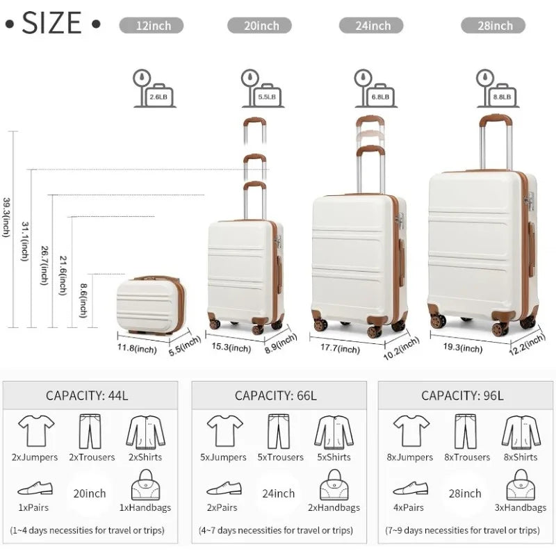 Travel in Style: 4-Piece Hardshell Luggage Set with Spinner Wheels, Lightweight Design, and TSA Lock - Available in Apricot White for Effortless Exploration(Sizes:20in24in28in))