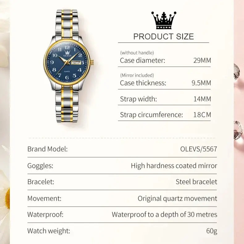 OLEVS Luxury Women Quartz Watch Elegant Stainless Steel Watch Luminous Waterproof Week Date Wristwatch Ladies Dress Watch 5567