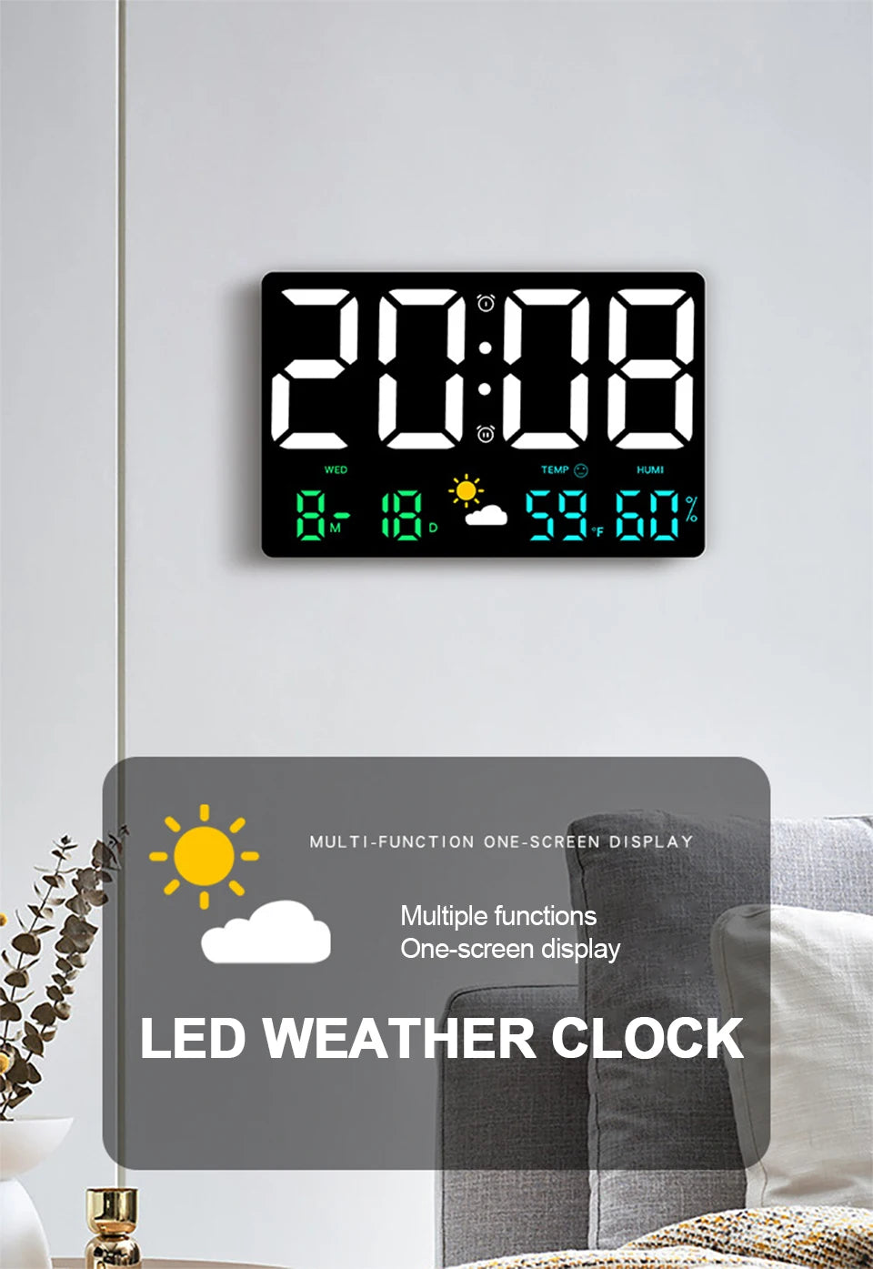 High-Definition Large-Screen Wall Clock Temperature and Humidity Display Weather Clock Multi-Function Color Digital Alarm Clock