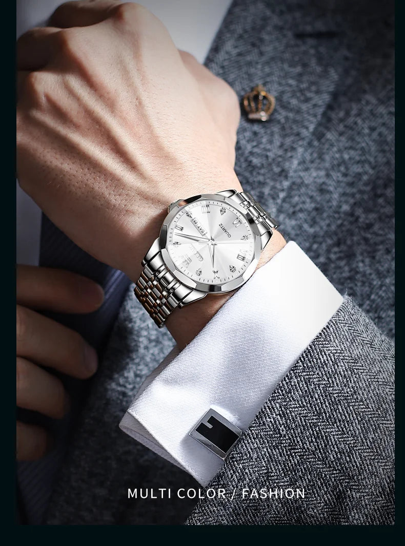 Elevate your style with the OLEVS Men's Diamond Business Dress Watch, boasting analog quartz movement, stainless steel construction, luminous hands, and a luxurious two-tone design perfect for any occasion.