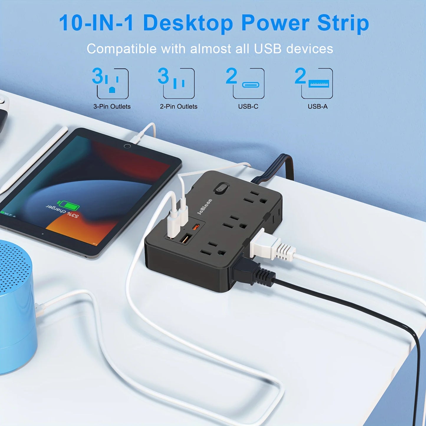 Ultra Thin Flat Plug Extension Cord with 4 USB Ports(2 USB C), 5ft Surge Protector Power Strip, 6 Widely Outlets Extender