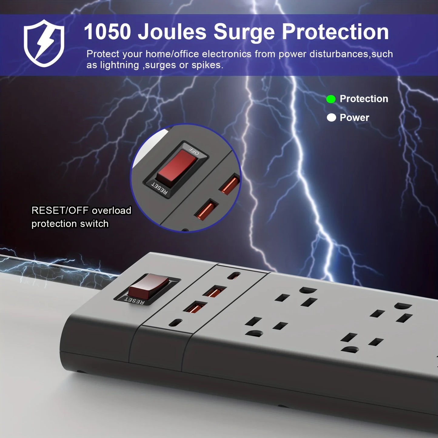 Surge Protector Power Strip with 4 USB Ports(2 USB C and 2 USB A), Wall Mount Flat Plug Extension Cord, 1050J