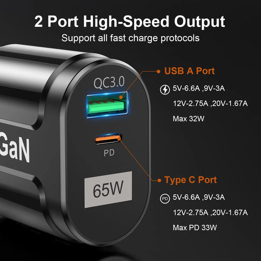 65W  USB/ USB C Charger Plug Fast Charging