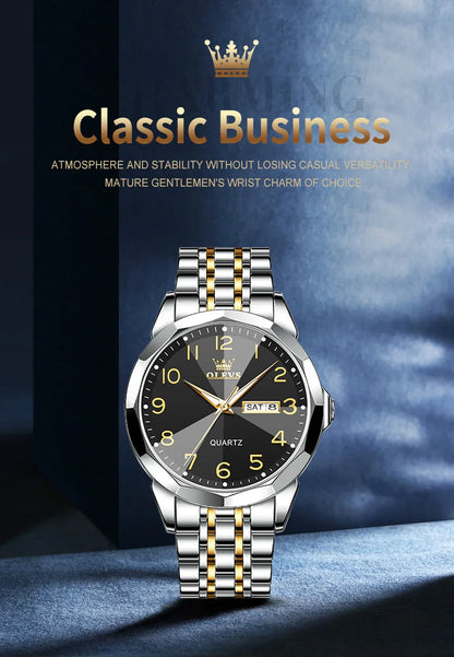 Elevate your style with the OLEVS Men's Diamond Business Dress Watch, boasting analog quartz movement, stainless steel construction, luminous hands, and a luxurious two-tone design perfect for any occasion.