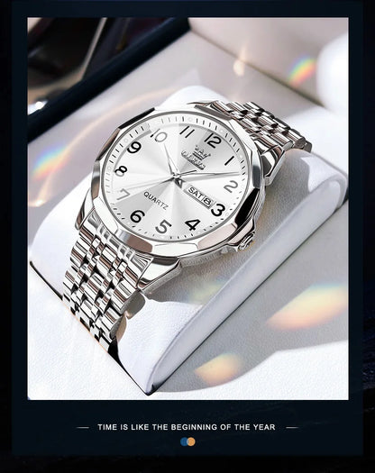 Elevate your style with the OLEVS Men's Diamond Business Dress Watch, boasting analog quartz movement, stainless steel construction, luminous hands, and a luxurious two-tone design perfect for any occasion.