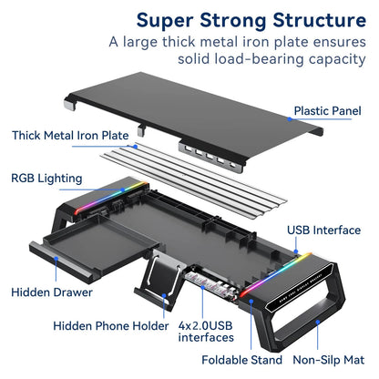 RGB Gaming Computer Monitor Stand 4 USB2.0 Port Keyboard Mouse Storage Shelf Screen Rack with Drawer Monitor Shelf