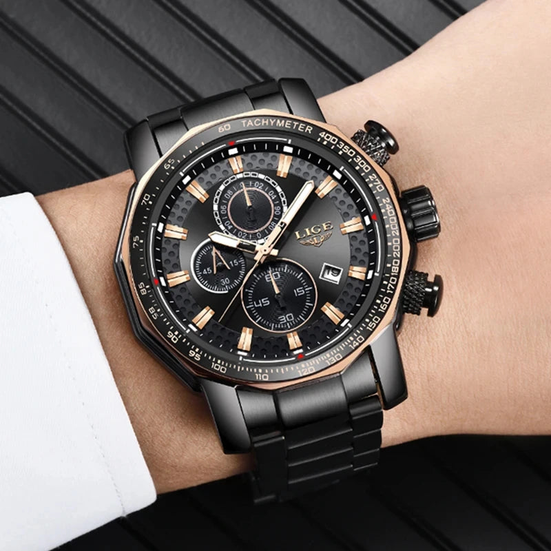 New LIGE Men Watches Waterproof Date Brand Clock Luxury Large Dial Watch for Men Chronograph Stainless Steel Quartz Wrist Watch